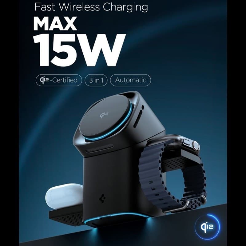 Spigen Essential EF223MS Qi2 Rotary Magnetic - 3-in-1 MagSafe Inductive Charger for iPhone, AirPods, and Apple Watch 15W (Black) - 4