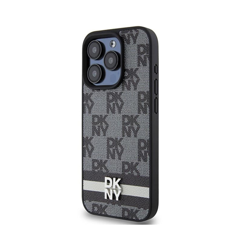 DKNY Leather Checkered Mono Pattern & Printed Stripes - iPhone 15 Pro Case (black) - 2