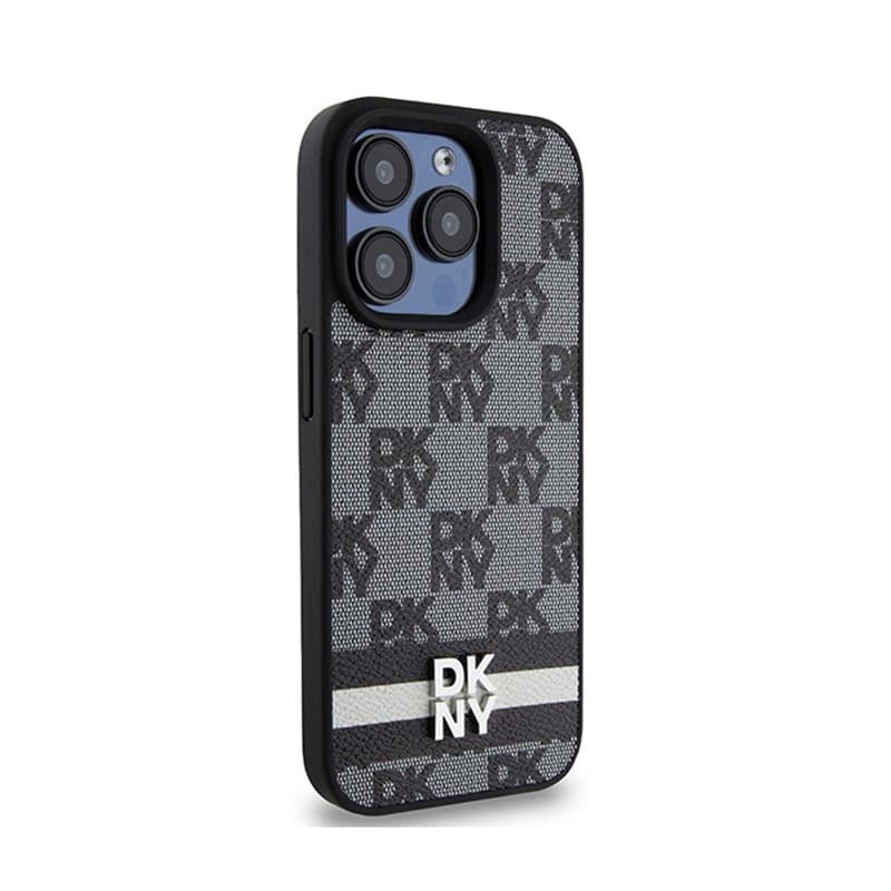 DKNY Leather Checkered Mono Pattern & Printed Stripes - iPhone 15 Pro Case (black) - 4