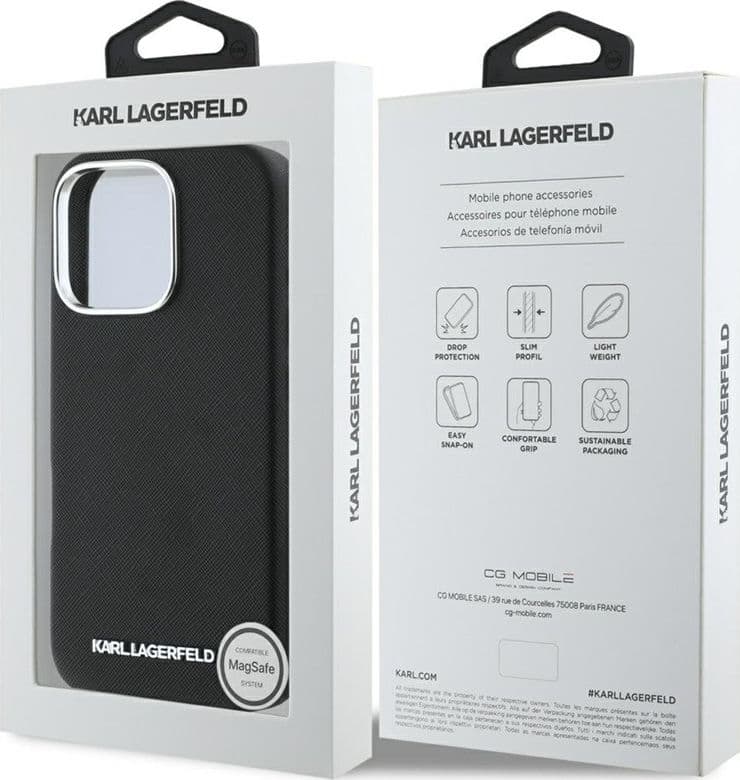 Karl Lagerfeld Saffiano Full Wrapped Elongated Metal Logo MagSafe - Case for iPhone 16 Pro (black) - 8