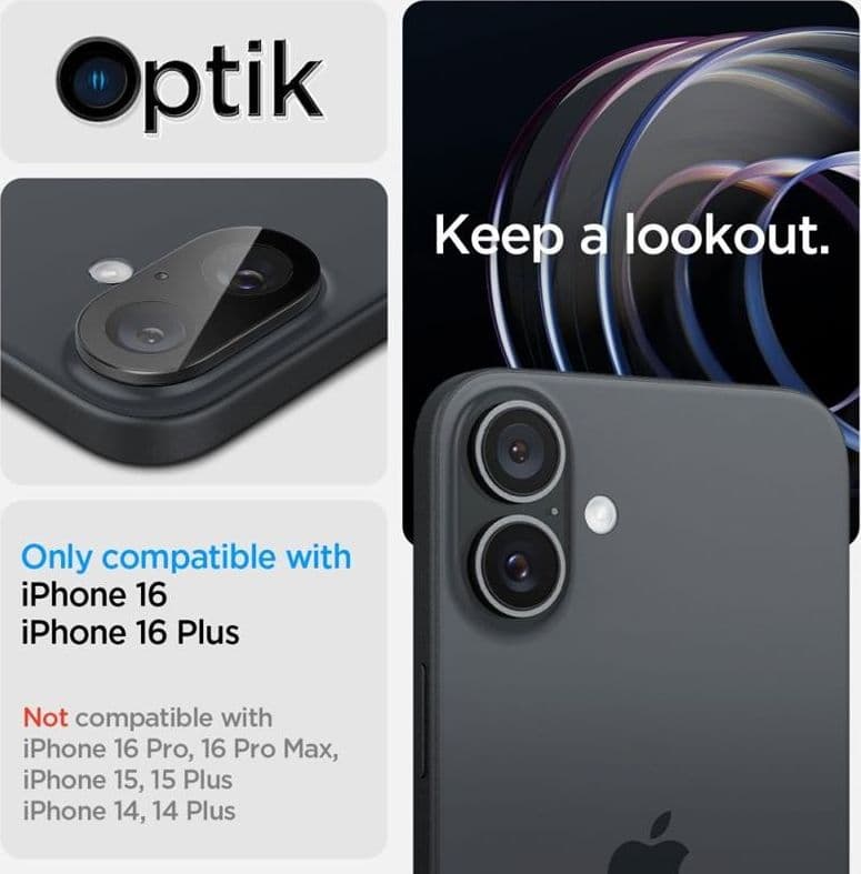 Spigen Optik GLAS.TR Camera Protector 2-Pack - Lens Protector for iPhone 16 / 16 Plus (2 pcs) (Black) - 9