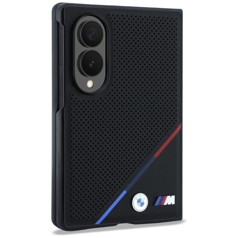 Custodia per Samsung Galaxy Z Fold 8 in pelle BMW M traforata con strisce tricolore e logo in metallo MagSafe (nera) - 3