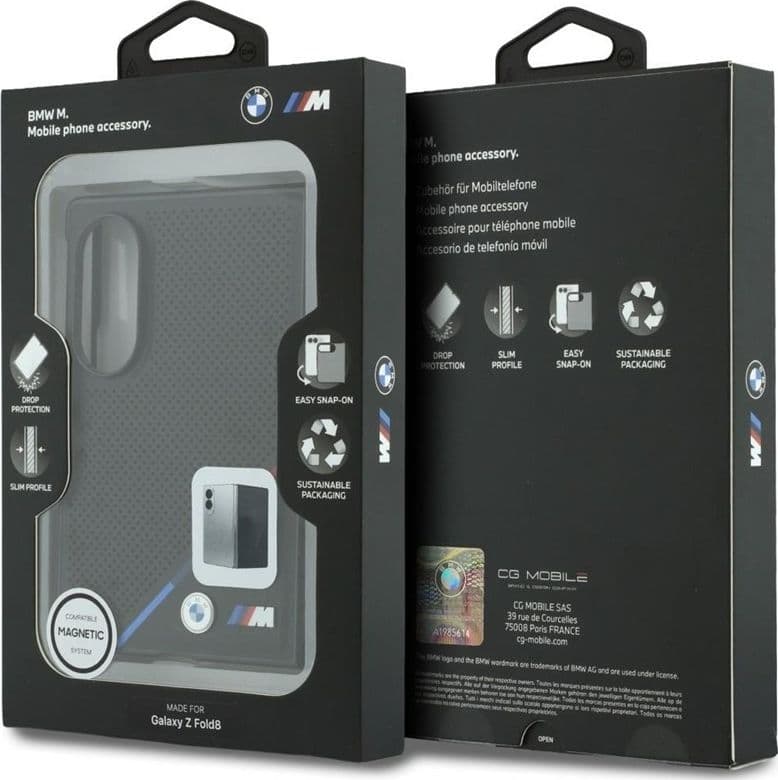 Custodia per Samsung Galaxy Z Fold 8 in pelle BMW M traforata con strisce tricolore e logo in metallo MagSafe (nera) - 7