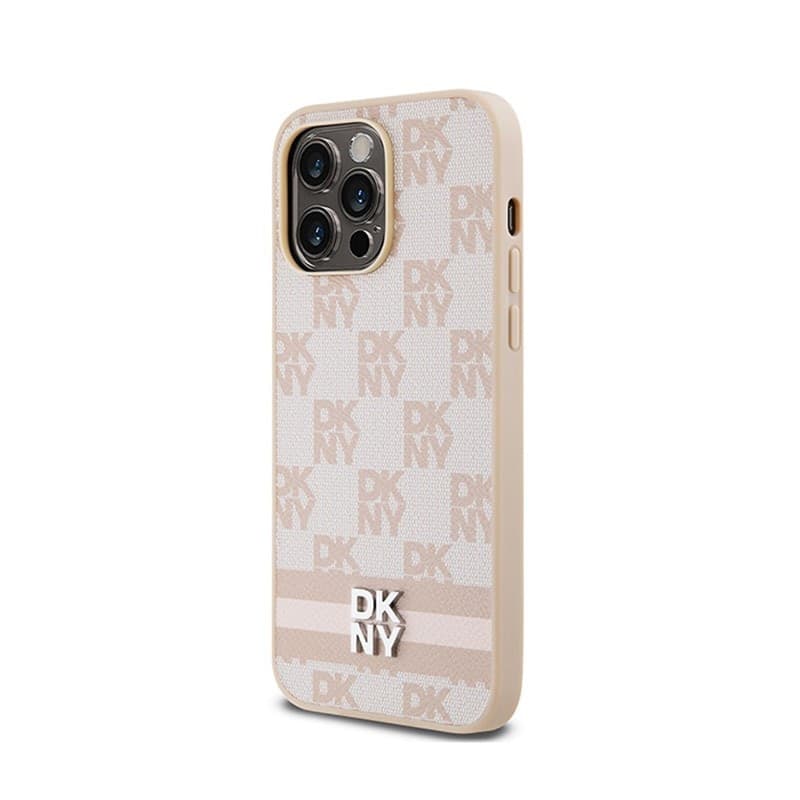 DKNY Leather Checkered Mono Pattern & Printed Stripes - Case for iPhone 14 Pro Max (pink) - 2