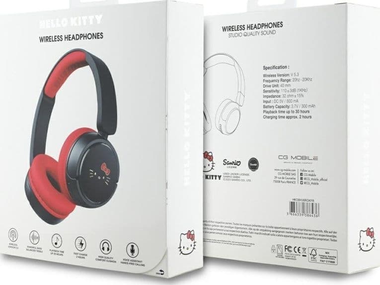 Hello Kitty Face Logo - Wireless Over-Ear Bluetooth Headphones V5.3 (Red) - 5