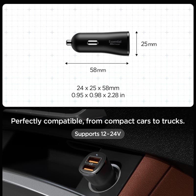 Spigen Essential EV302 - Car Charger 2x USB-A 30W (Black) - 8