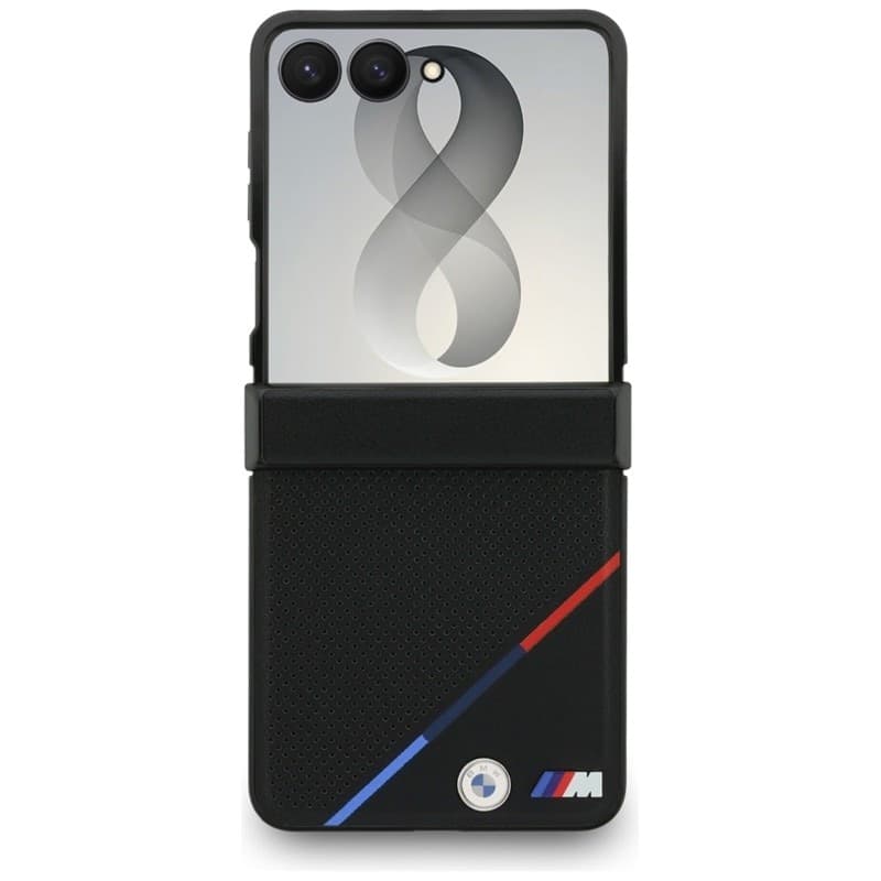 Custodia per Samsung Galaxy Z Flip 8 in pelle BMW M traforata con strisce tricolore e logo in metallo MagSafe (nera) - 2