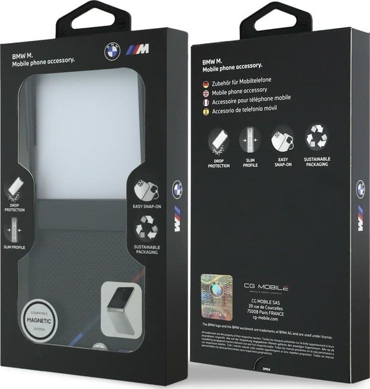 Custodia per Samsung Galaxy Z Flip 8 in pelle BMW M traforata con strisce tricolore e logo in metallo MagSafe (nera) - 7
