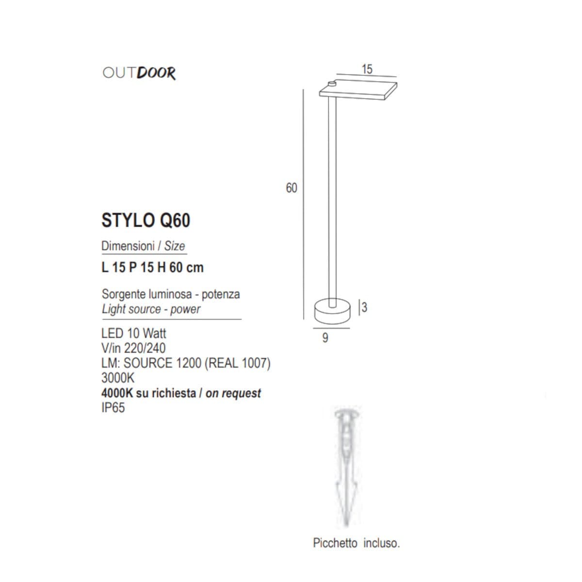 Paletto Promoluce STYLO Q60 LED IP65 monoemissione alluminio metacrilato - 26