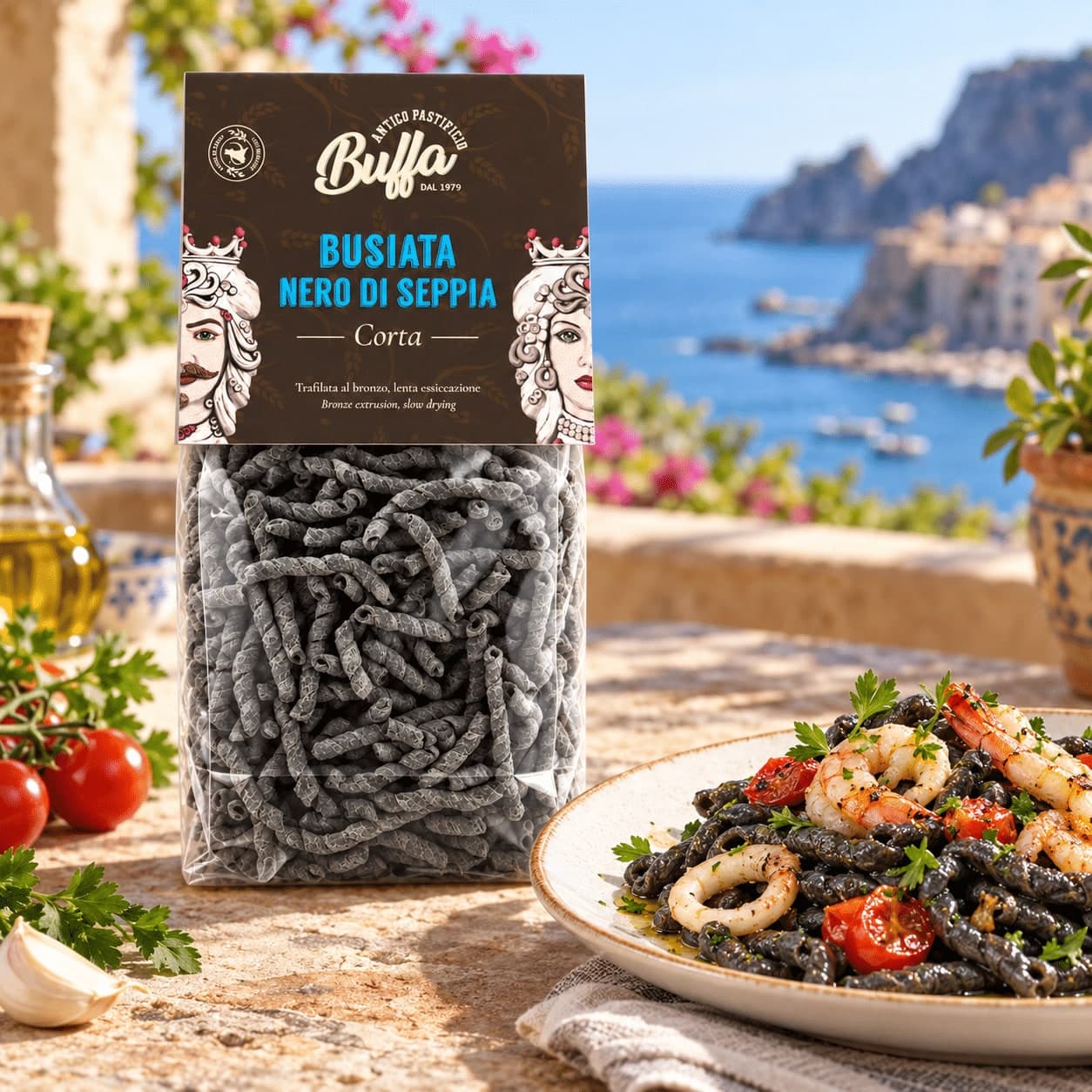 Pasta Busiata al Nero di Seppia | Trafilata in Bronzo | Lenta Essiccazione | Pastificio Buffa, Sicilia | 500g - 2