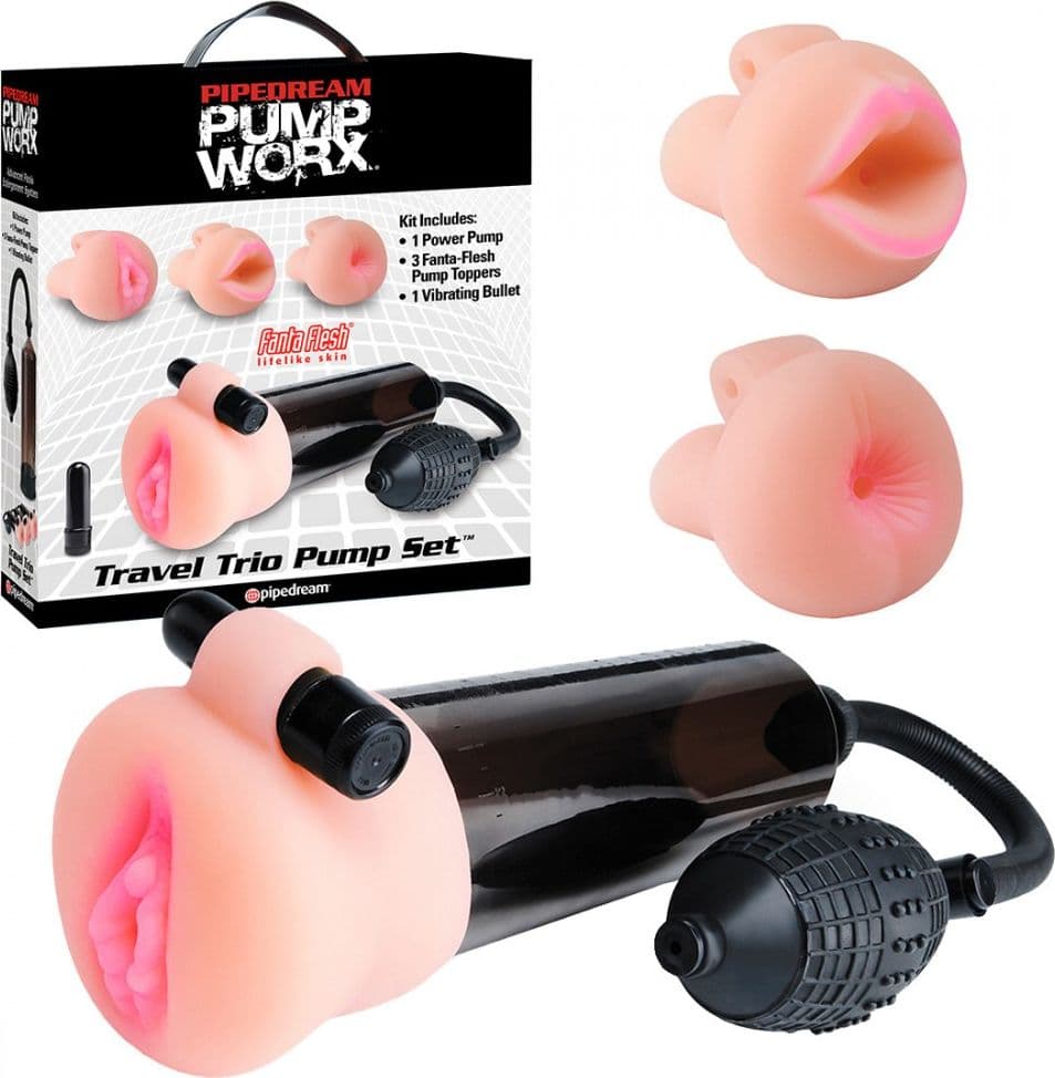 Pompa Pene Masturbatore Pipedream Pump Worx Travel Trio Set 3 Testine Fanta-Flesh Vibrante - 5