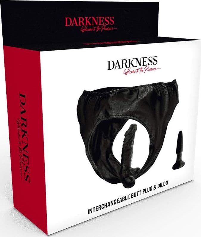 Strap-On Darkness Sensations Harness Nero con Dildo Realistico 14 cm e Plug Anale Intercambiabili - 4
