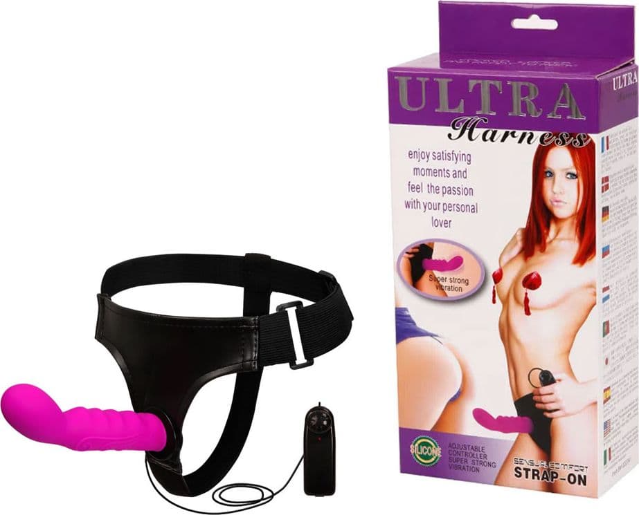 Strap-On Vibrante Baile Ultra Harness 15,5 cm Silicone Rosa Curvo Regolabile con Controller - 7