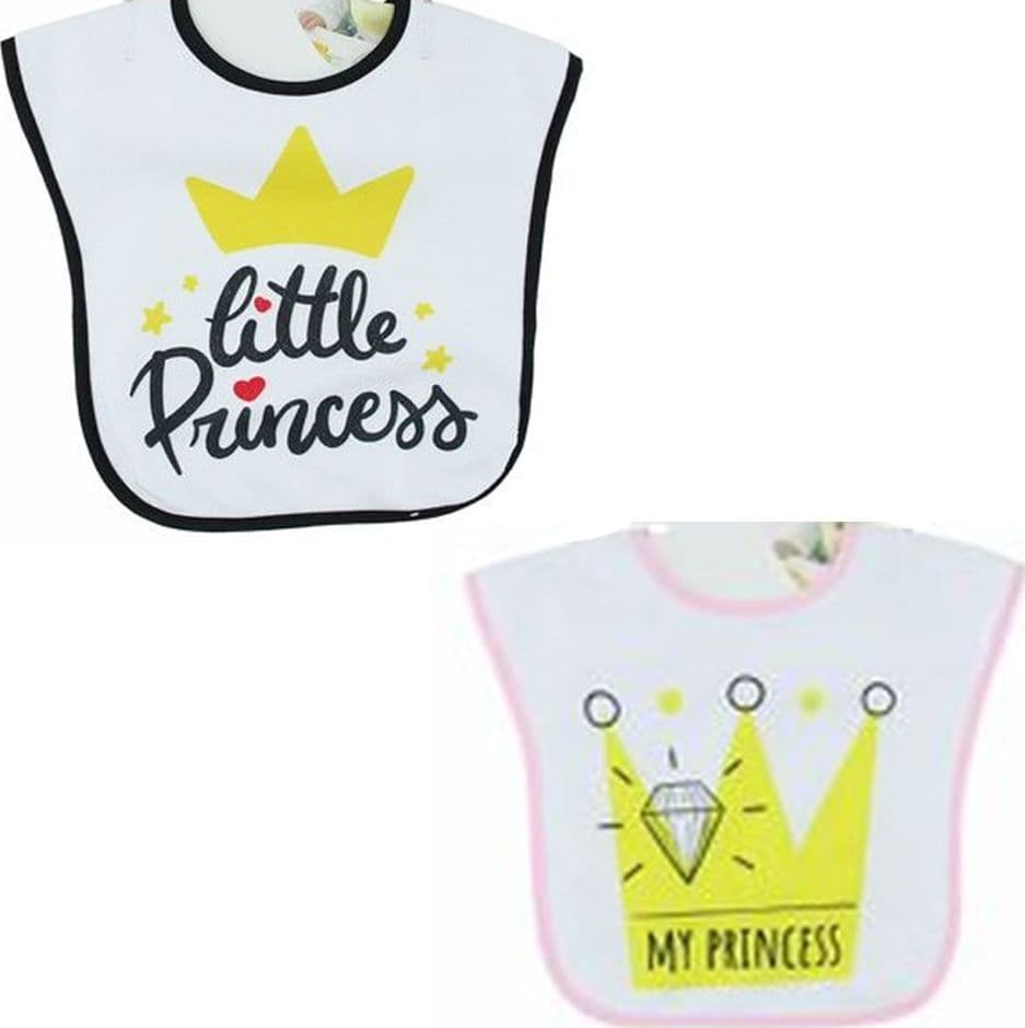 SET 2 PZ BAVETTA BAVAGLINO PER PAPPA BAMBINI NEONATO DESIGN CON CORONA SCRITTA 31226