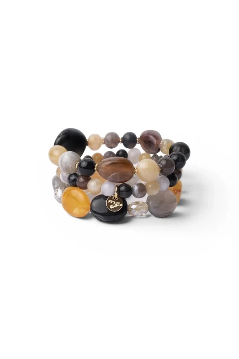 Bracciale elastico a tre fili con pietre in acrilico nero e naturale | MYA ACCESSORIES - 2