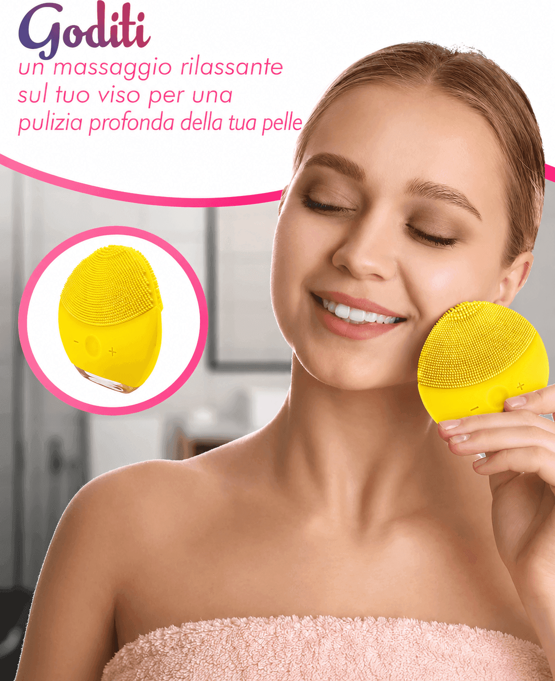 Spazzola Pulizia Viso Elettrica Silicone Sonica USB Esfoliante Massaggio Gialla - 2