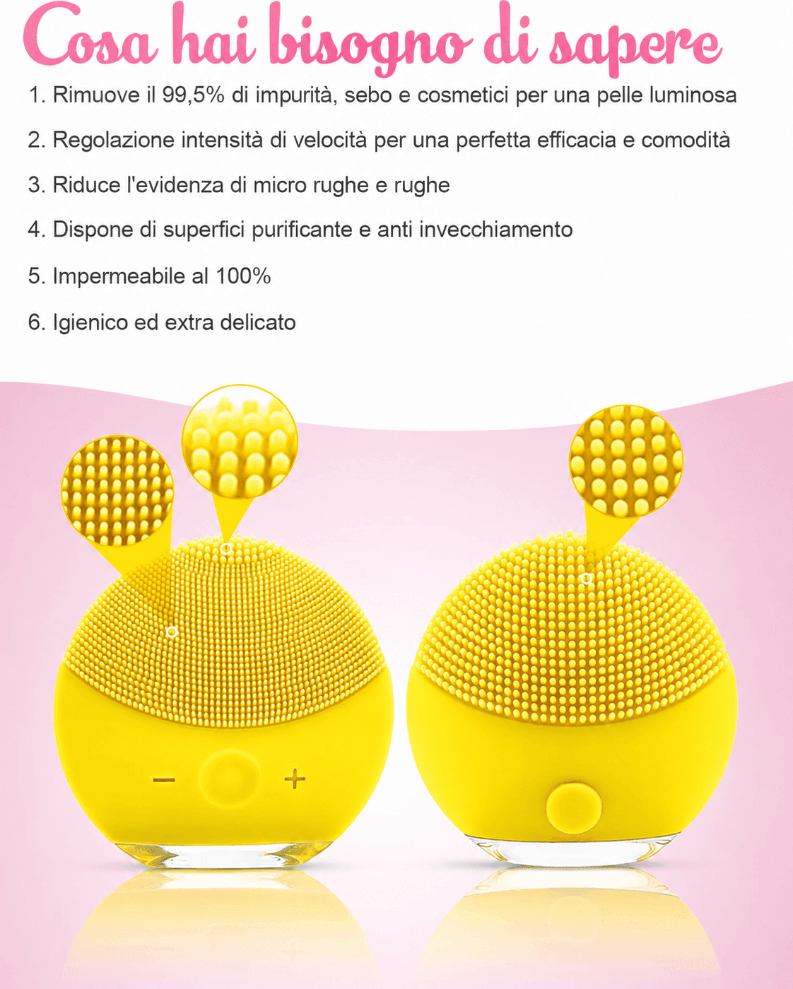 Spazzola Pulizia Viso Elettrica Silicone Sonica USB Esfoliante Massaggio Gialla - 3