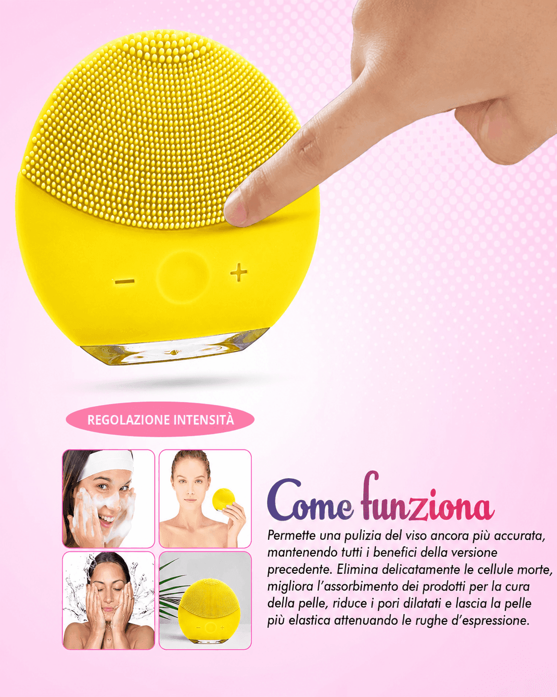 Spazzola Pulizia Viso Elettrica Silicone Sonica USB Esfoliante Massaggio Gialla - 5