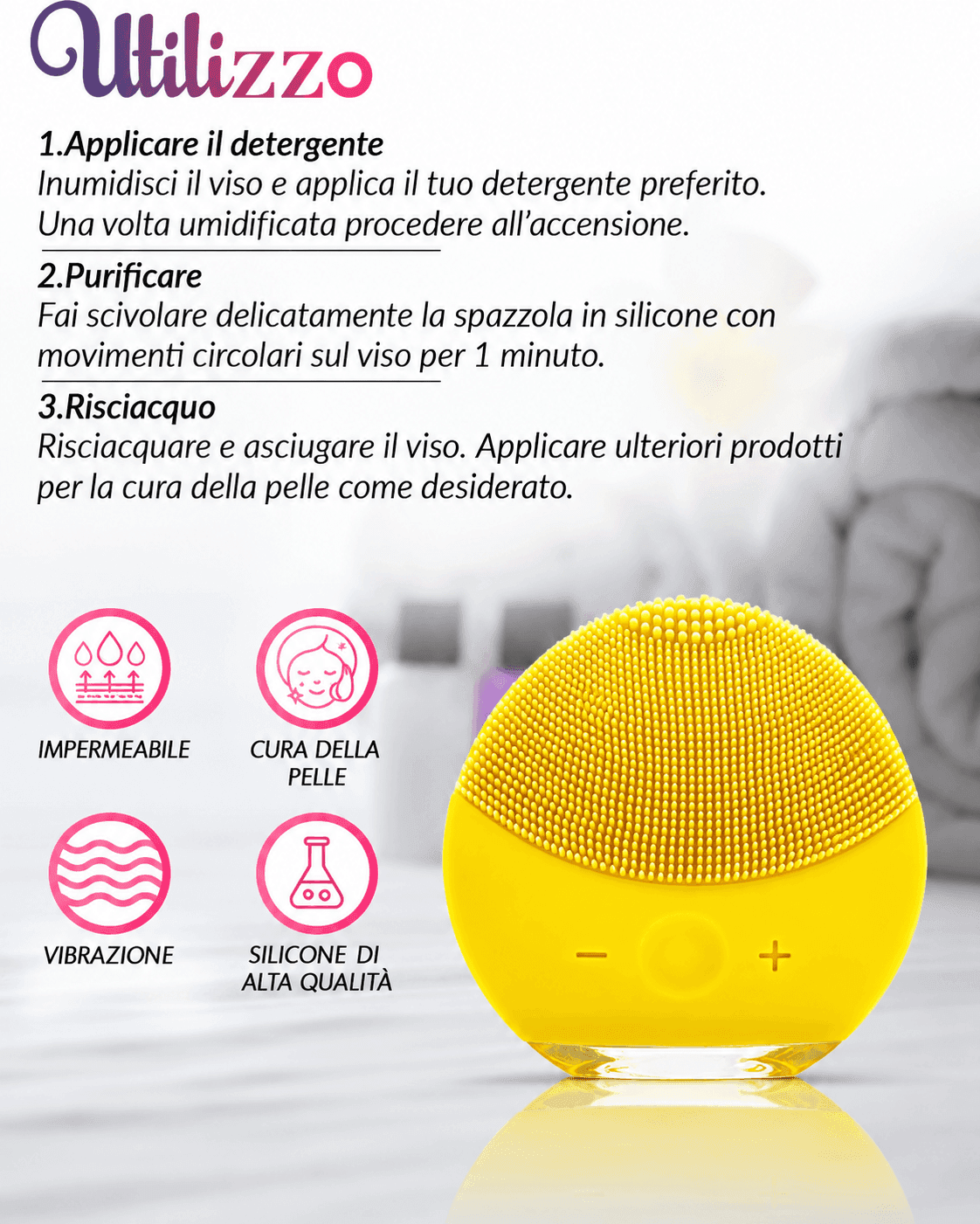 Spazzola Pulizia Viso Elettrica Silicone Sonica USB Esfoliante Massaggio Gialla - 6
