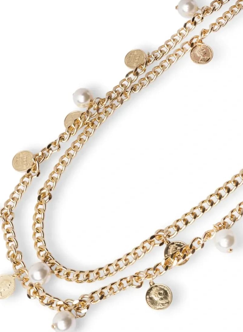 Collana a due fili con catene in alluminio dorato e perle bianche | MYA ACCESSORIES - 3