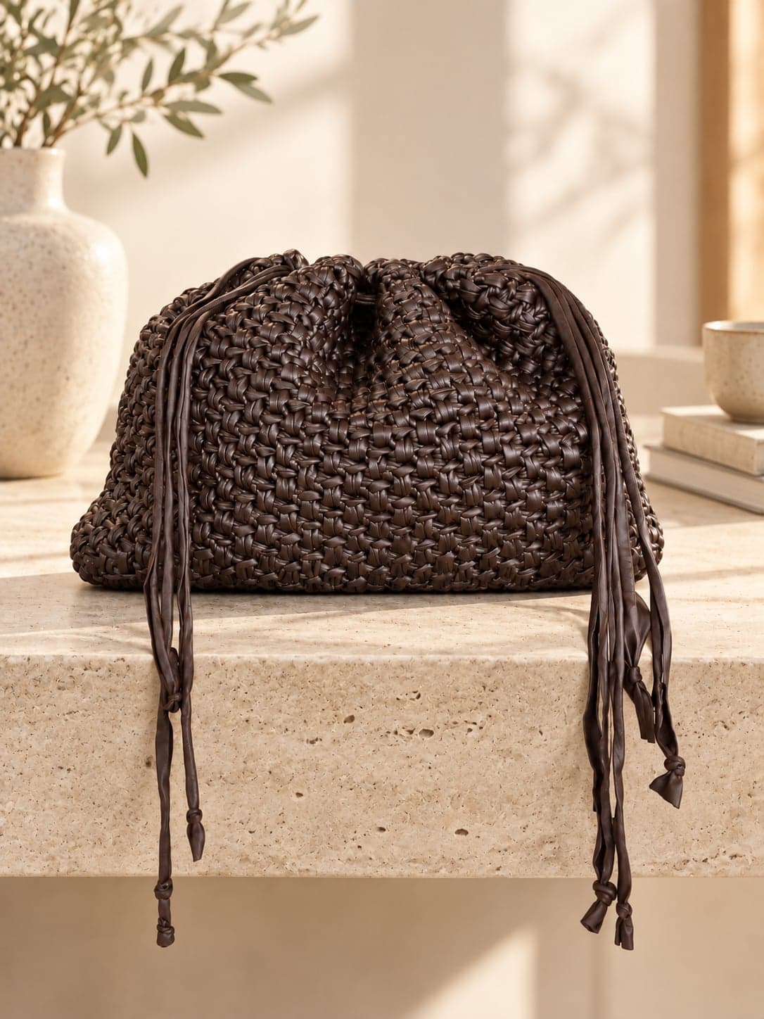 Borsa OutfixLab all’uncinetto in ecopelle marrone scuro con tracolla - 2