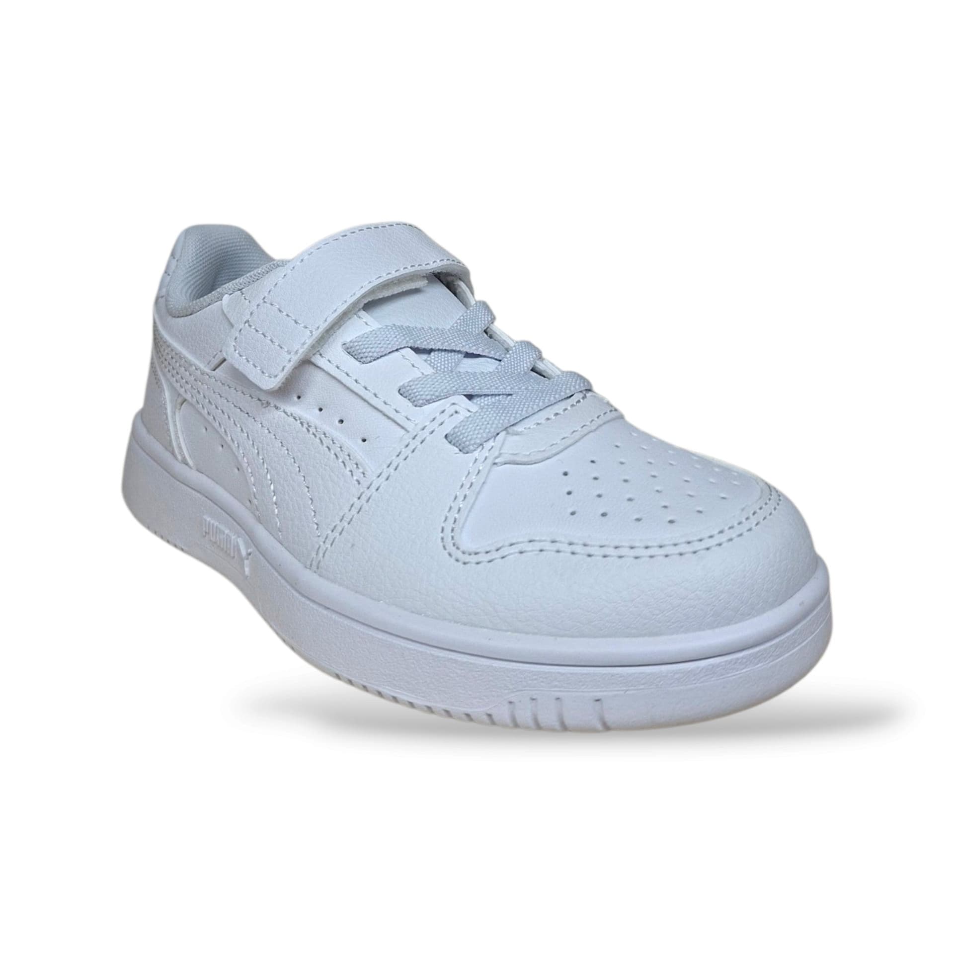 Sneakers Puma Rebound bambino bianche in pelle, elastico e velcro, taglie 28-35 - 2