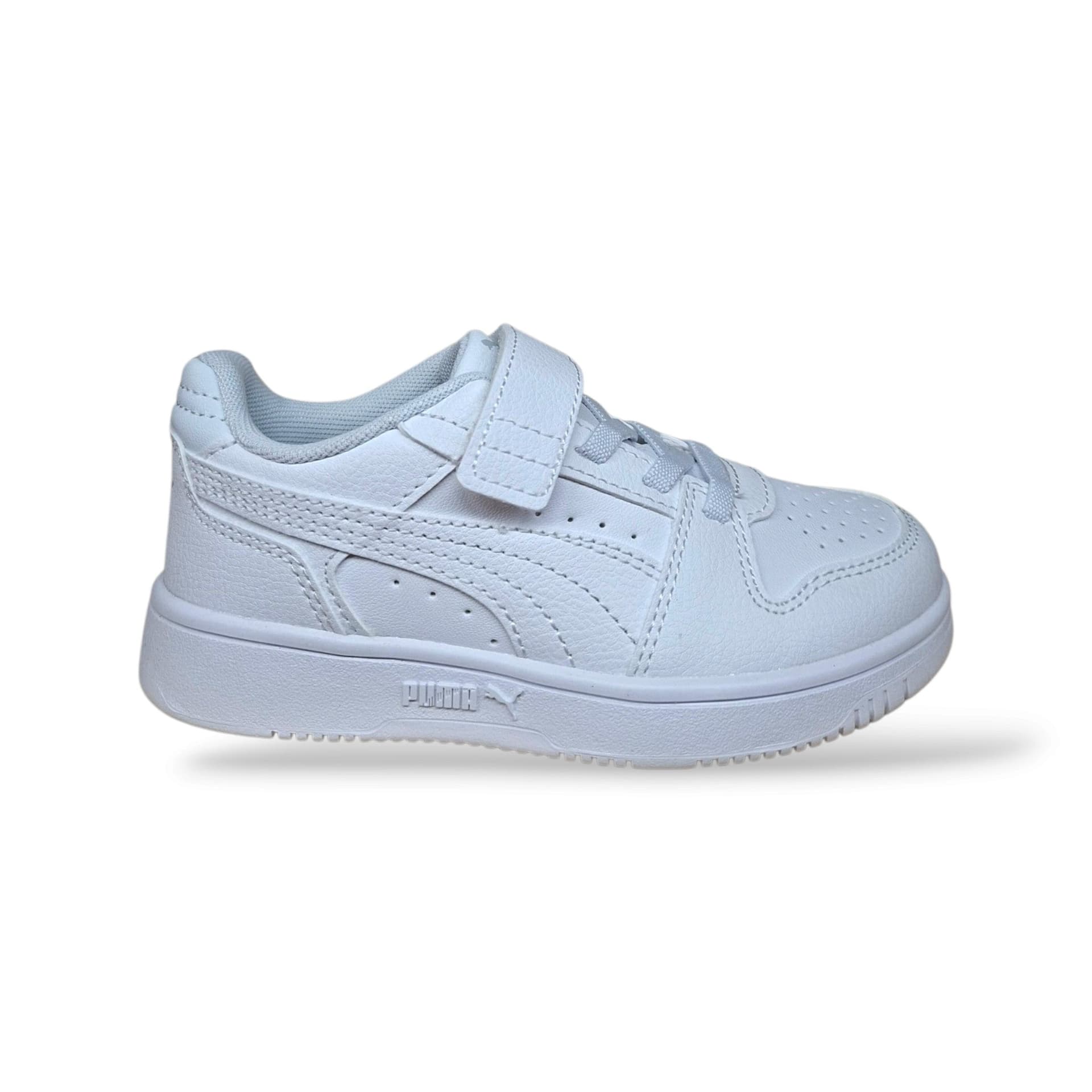 Sneakers Puma Rebound bambino bianche in pelle, elastico e velcro, taglie 28-35 - 6
