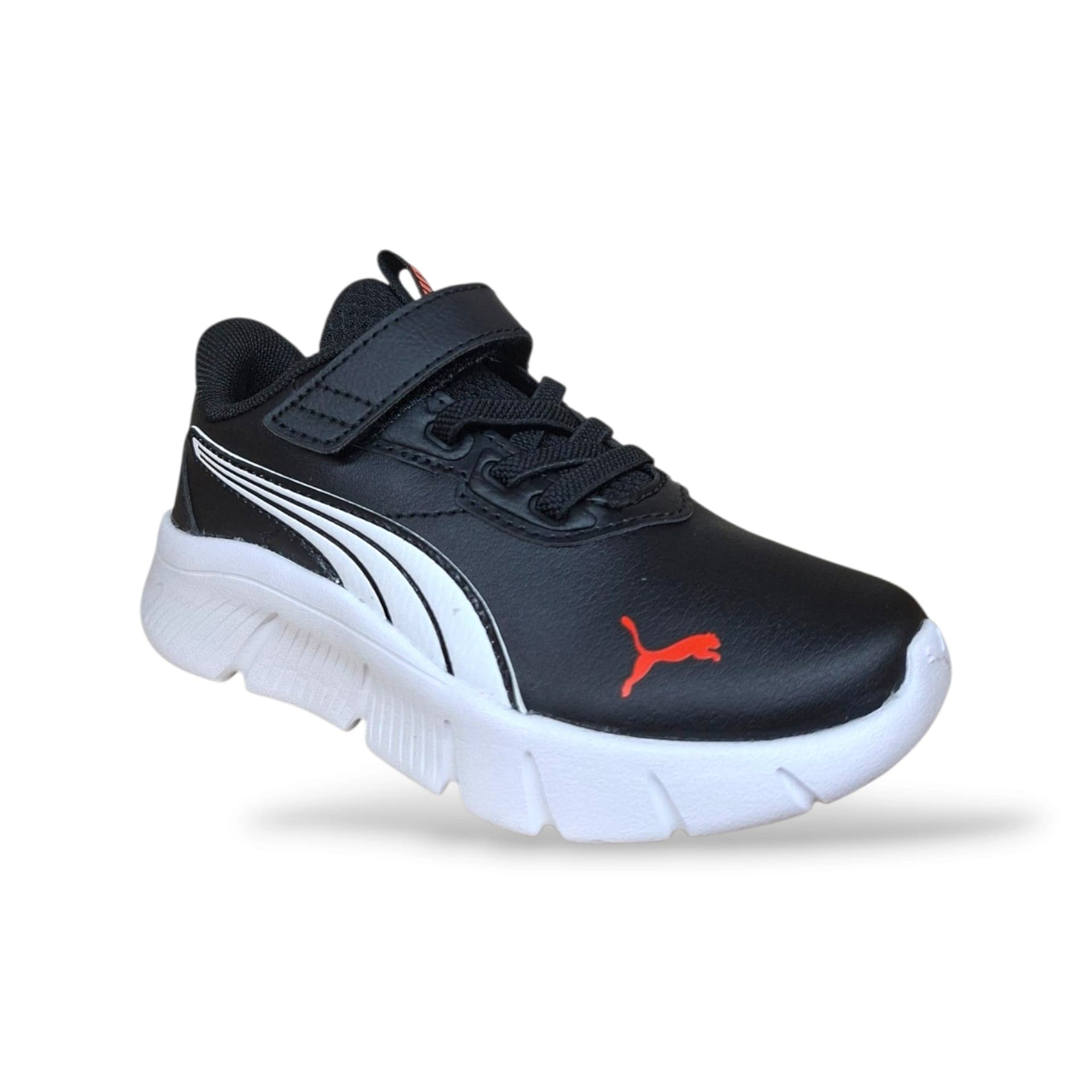 Sneakers Puma Flex Focus bambino nere e bianche in pelle, elastico e velcro, taglie 28-35 - 2
