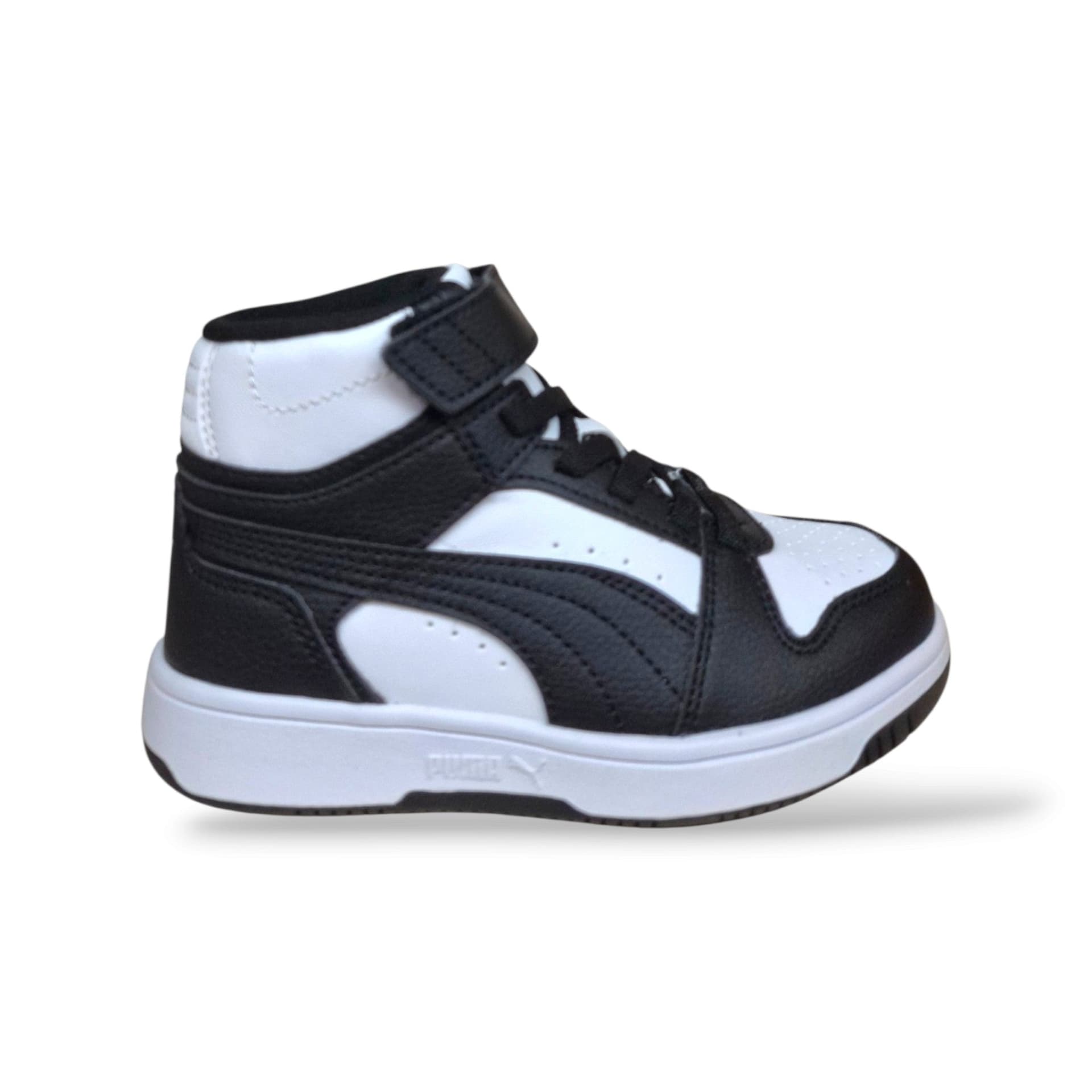 Sneakers Puma Rebound 408802-4088801 nero-bianco in pelle, elastico e velcro, taglie 28-35