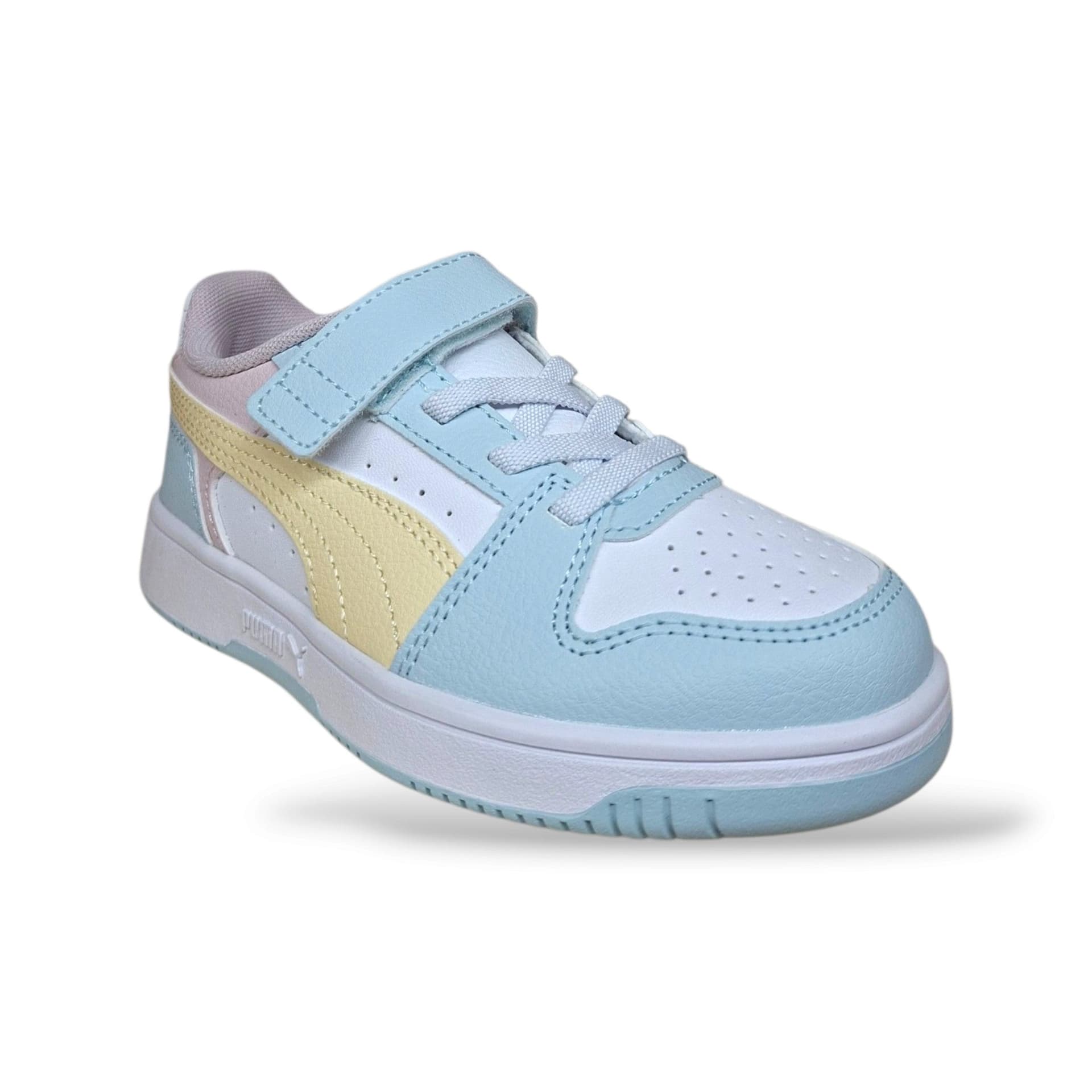 Sneakers Puma Rebound bambina celeste, rosa e gialle in pelle, velcro, taglie 20-35 - 2