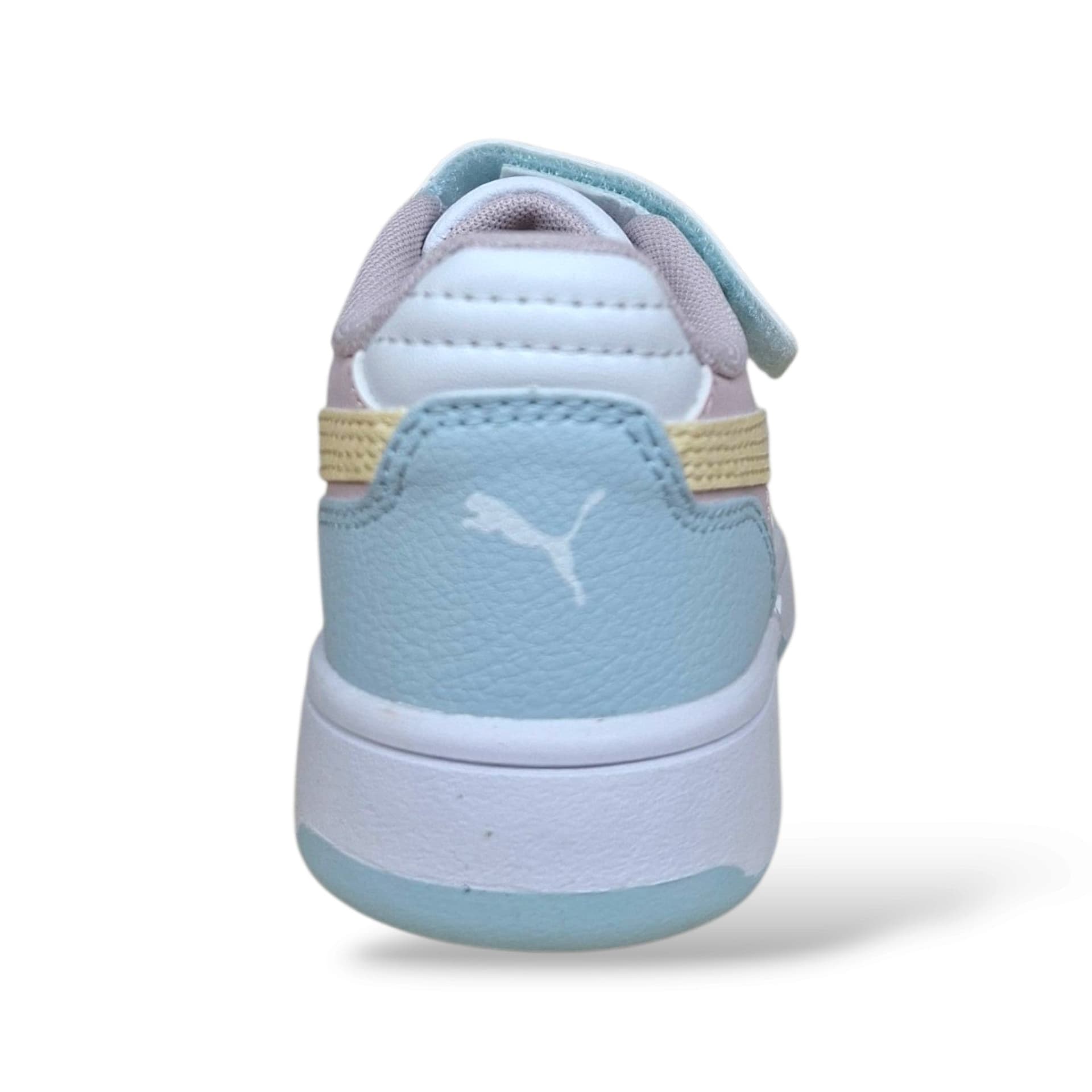 Sneakers Puma Rebound bambina celeste, rosa e gialle in pelle, velcro, taglie 20-35 - 3