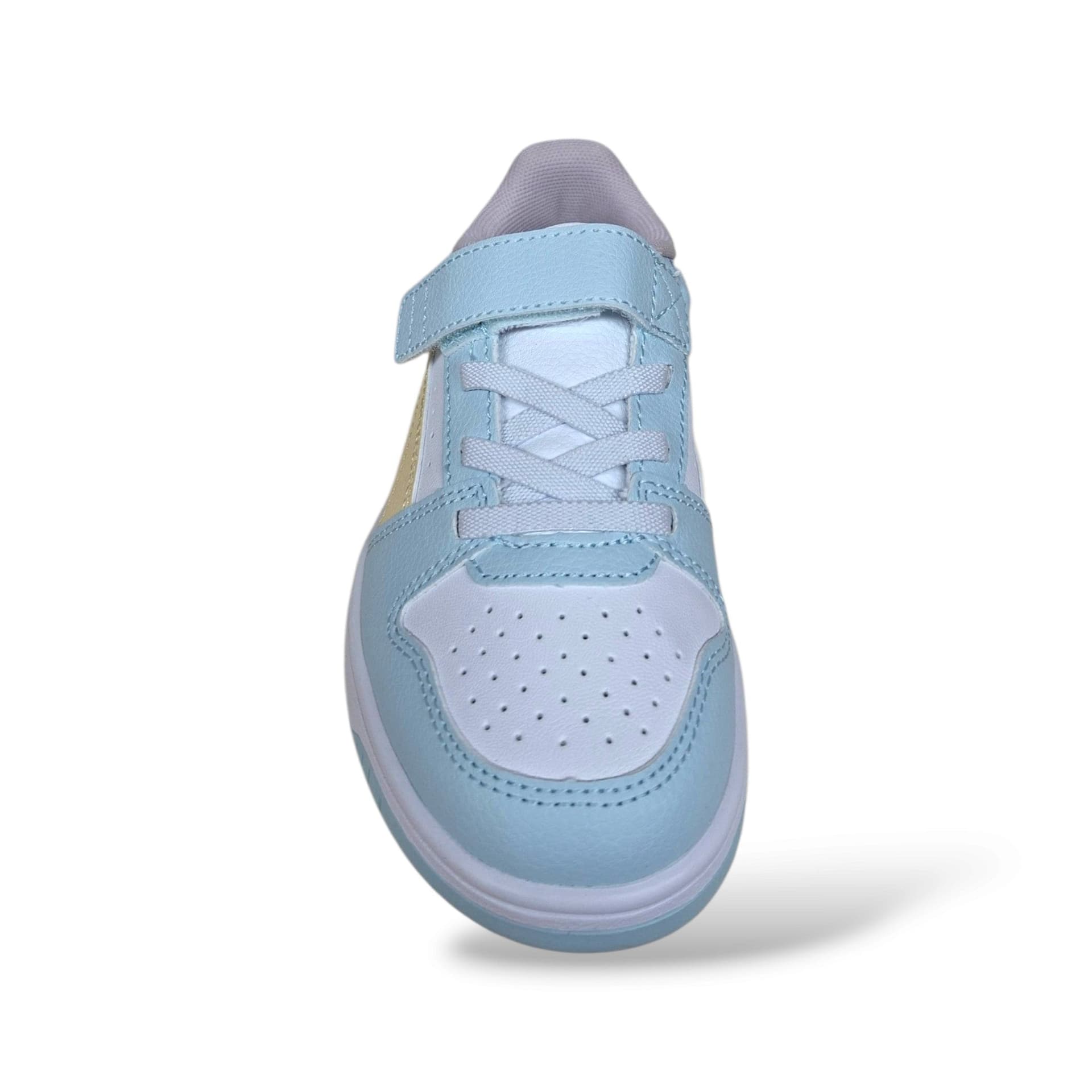 Sneakers Puma Rebound bambina celeste, rosa e gialle in pelle, velcro, taglie 20-35 - 4