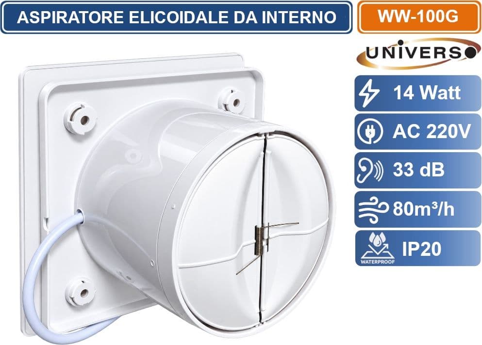 UNIVERSO WW-100G ASPIRATORE ELICOIDALE 14W Ø100 MM 80 M³/H SUPER SILENZIOSO CON PANNELLO FRONTALE IN VETRO BIANCO - 5