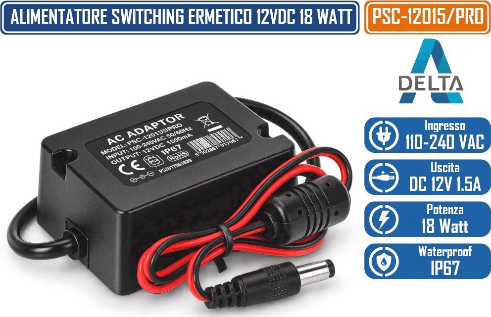 PSC-12015/PRO ALIMENTATORE SWITCHING ERMETICO 12V DC 1,5A 18W IP67 CON CONNETTORE DC 5,5/2,1 MM - 2