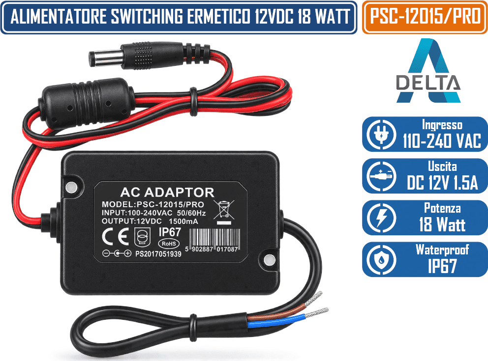 PSC-12015/PRO ALIMENTATORE SWITCHING ERMETICO 12V DC 1,5A 18W IP67 CON CONNETTORE DC 5,5/2,1 MM - 4