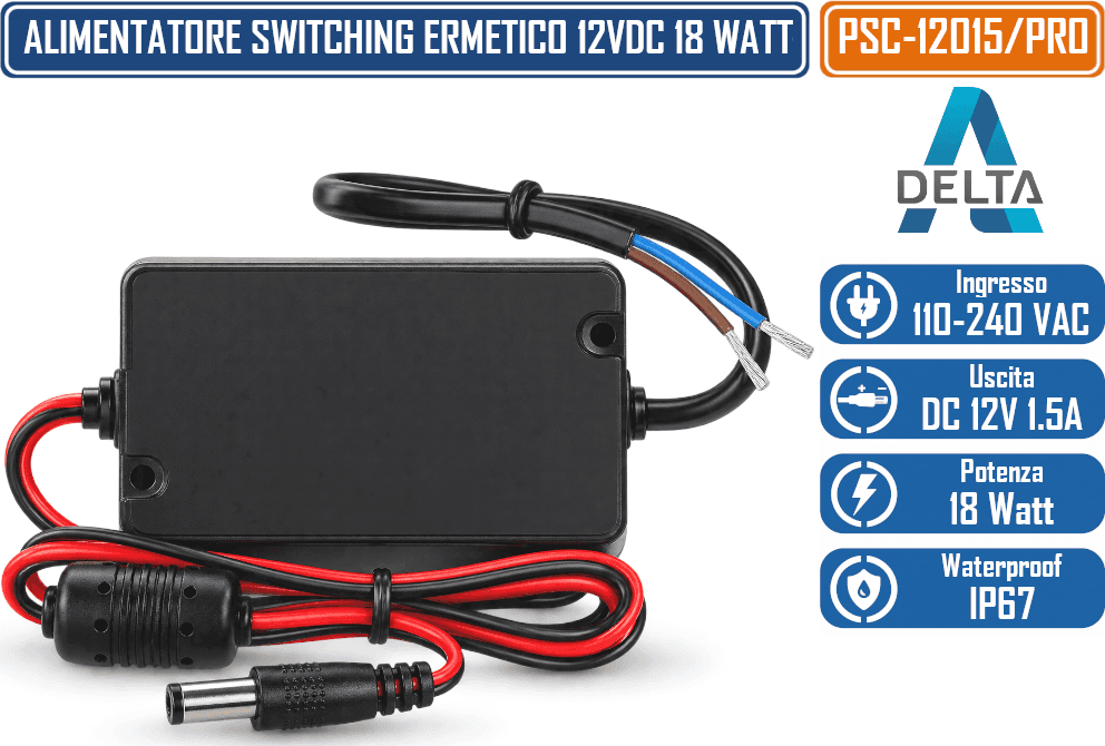 PSC-12015/PRO ALIMENTATORE SWITCHING ERMETICO 12V DC 1,5A 18W IP67 CON CONNETTORE DC 5,5/2,1 MM - 5