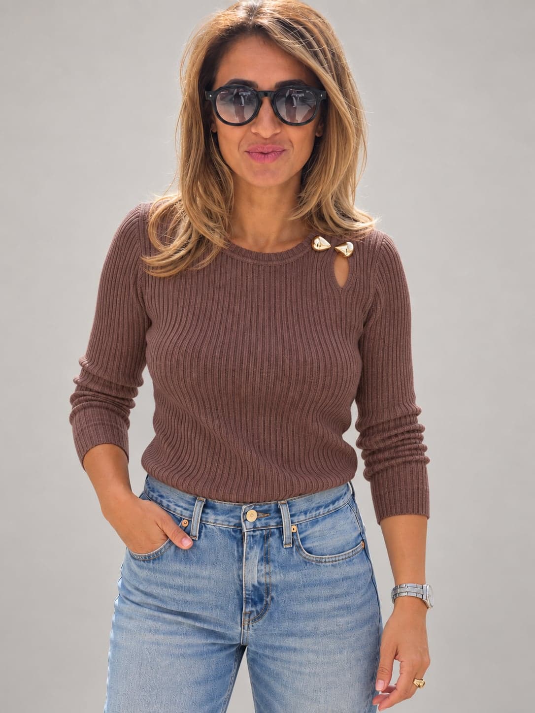 Lolita Maglia donna pull madonna coste con accessorio LO26018W – COFFEE