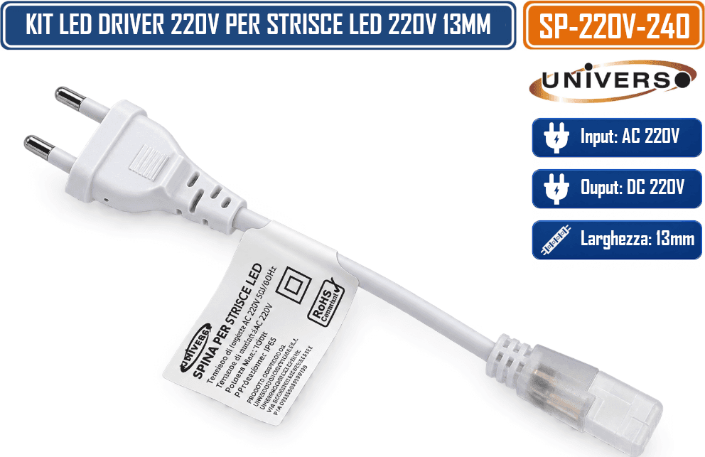 KIT 10 PEZZI DRIVER CON SPINA AC 220V PER STRISCE LED 220V 13 MM – SP-220V-240 - 3