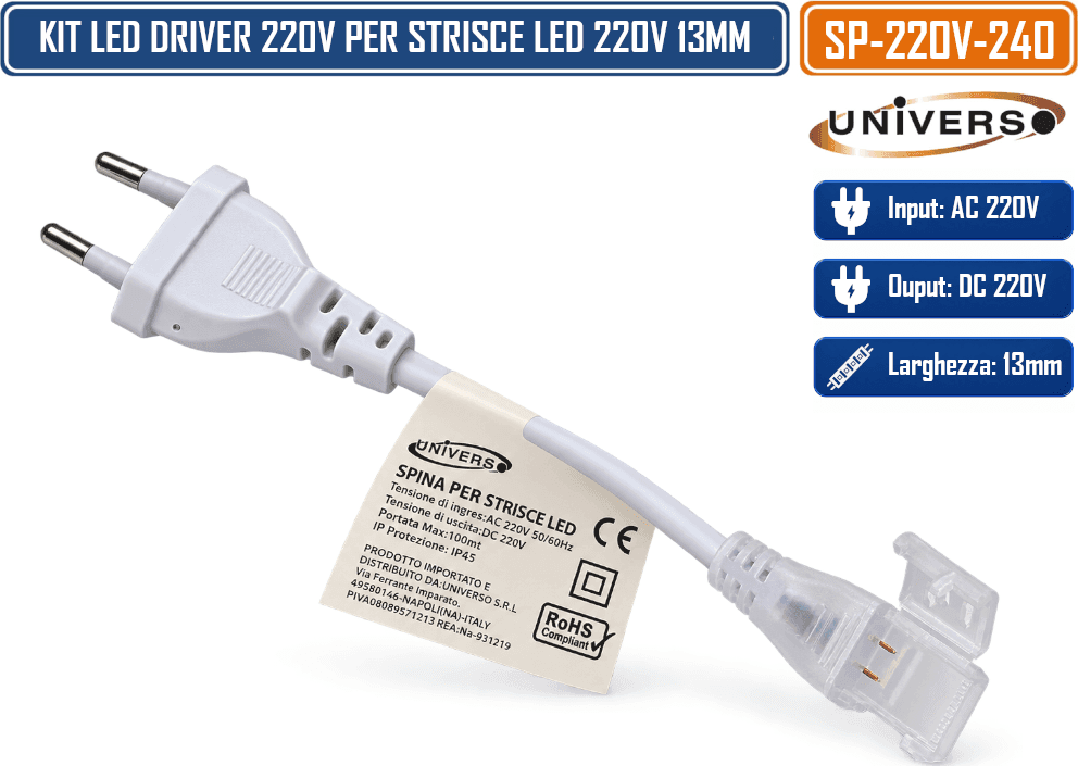 KIT 10 PEZZI DRIVER CON SPINA AC 220V PER STRISCE LED 220V 13 MM – SP-220V-240 - 4