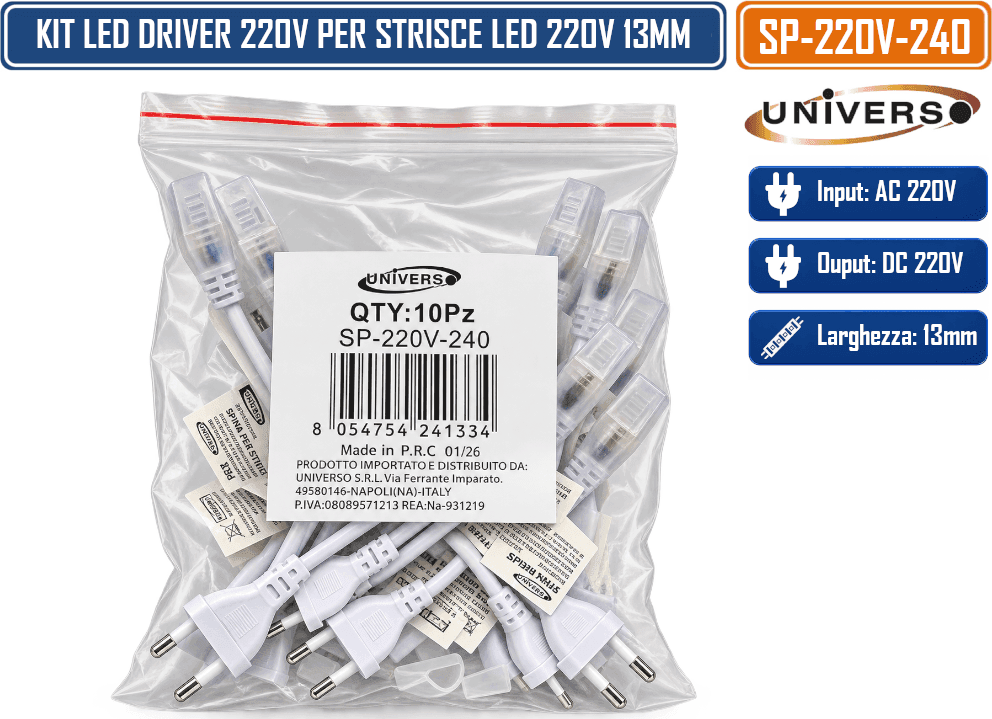 KIT 10 PEZZI DRIVER CON SPINA AC 220V PER STRISCE LED 220V 13 MM – SP-220V-240 - 5