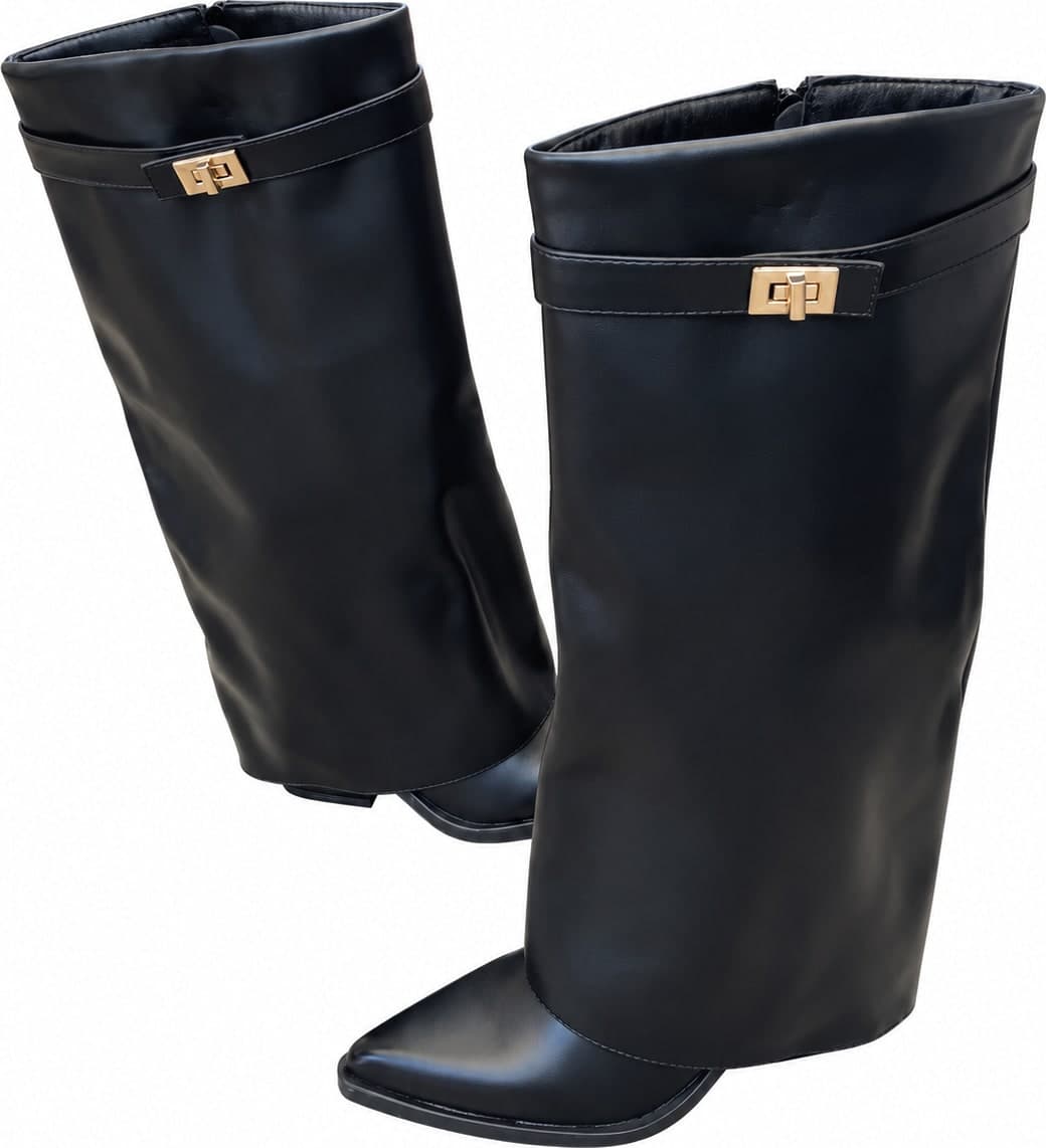 Stivali donna neri con gambale ampio e fibbia dorata - 6