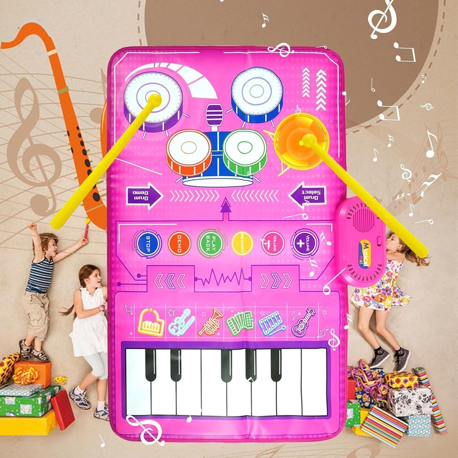 Tappeto Musicale Bambini Pianoforte Batteria 8 Tasti 13 Melodie Registra Rosa 3+ - 4