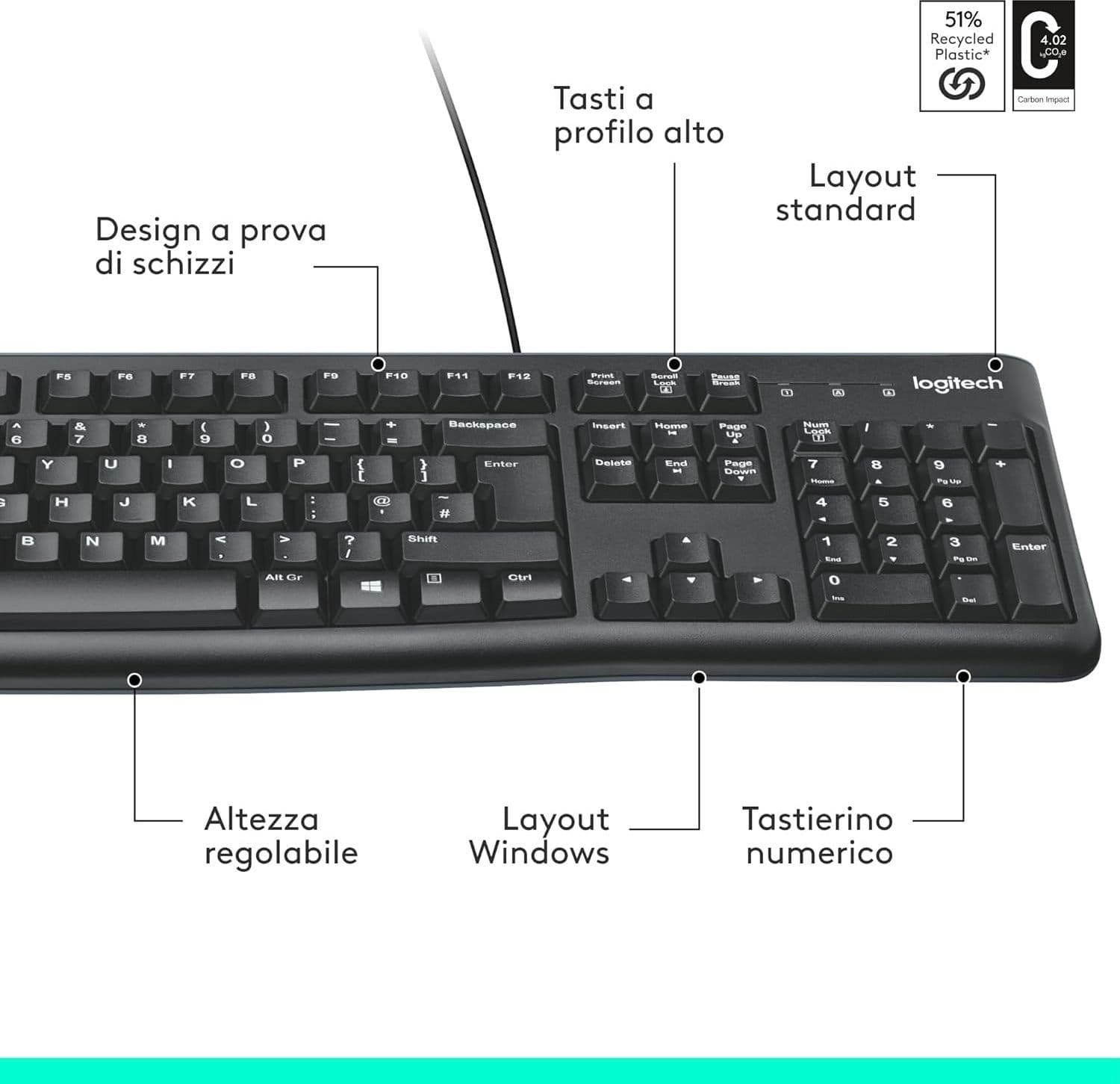 Logitech K120 Tastiera Cablata USB ITA QWERTY PC Laptop Windows Plug & Play Nera - 8