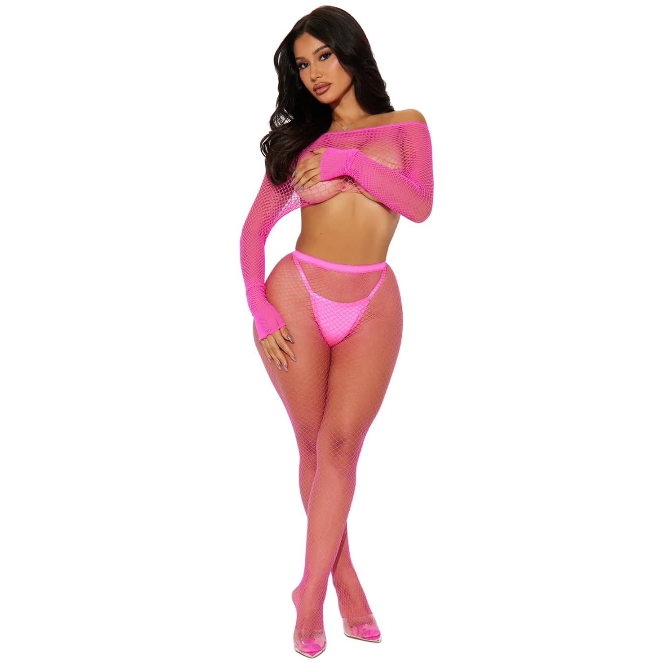 Completo Sexy Donna Fucsia 2 Pezzi a Rete Crop Top e Collant Trasparenti Lingerie