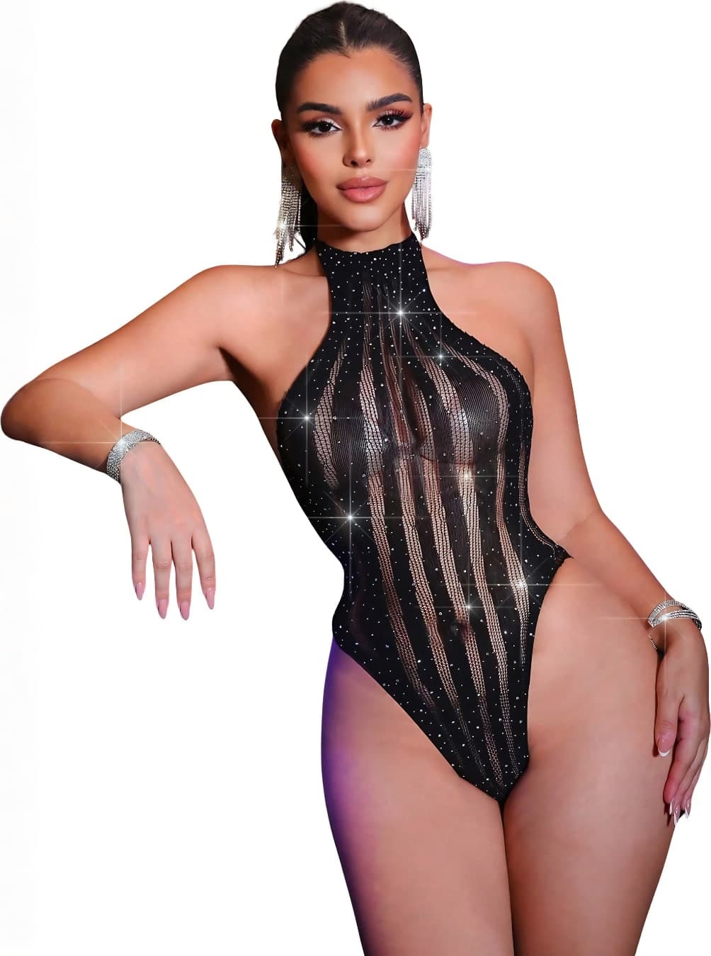 Body Sexy Donna Nero Trasparente con Strass Halter Schiena Scoperta Taglia Unica - 3
