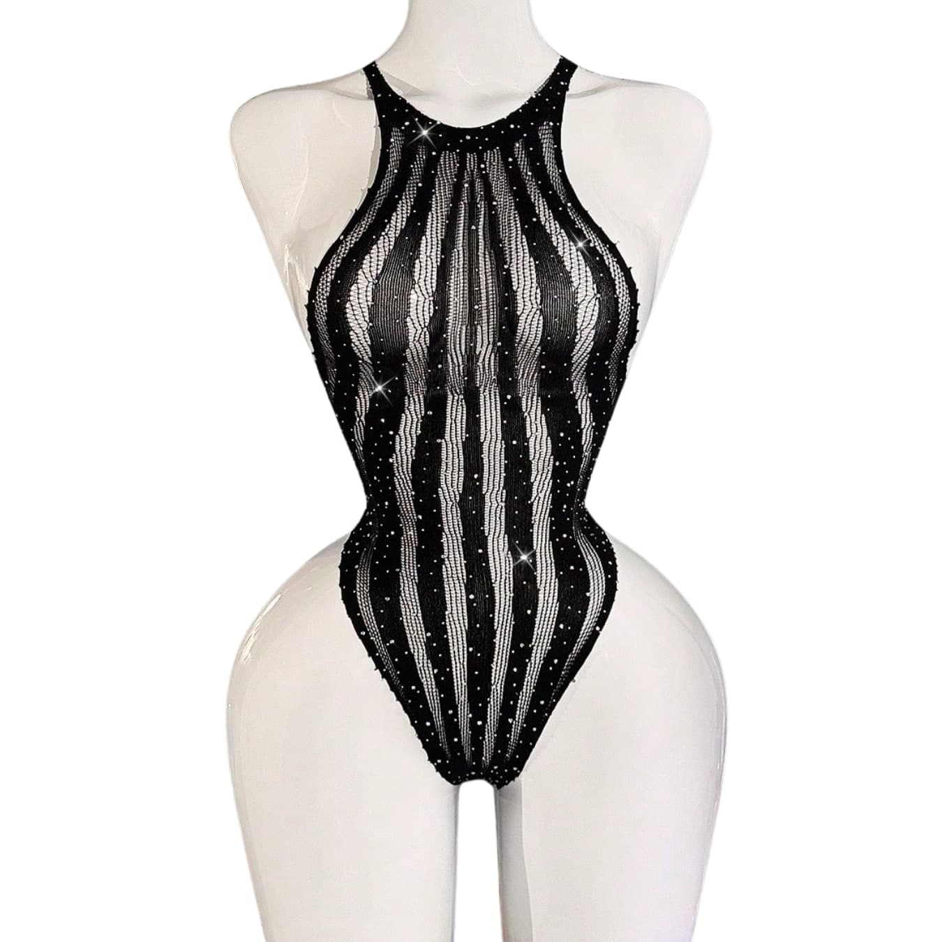 Body Sexy Donna Nero Trasparente con Strass Halter Schiena Scoperta Taglia Unica - 6