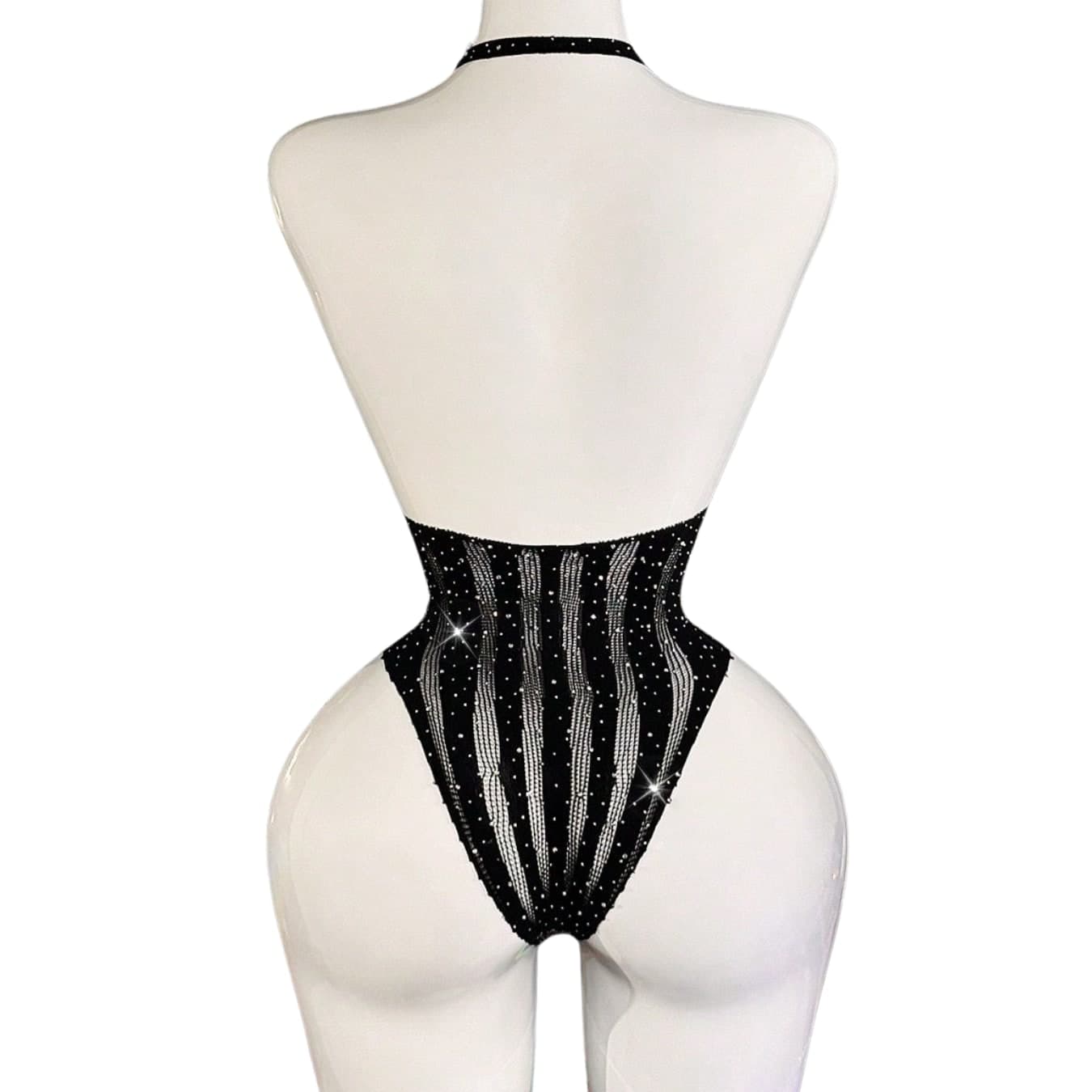 Body Sexy Donna Nero Trasparente con Strass Halter Schiena Scoperta Taglia Unica - 7