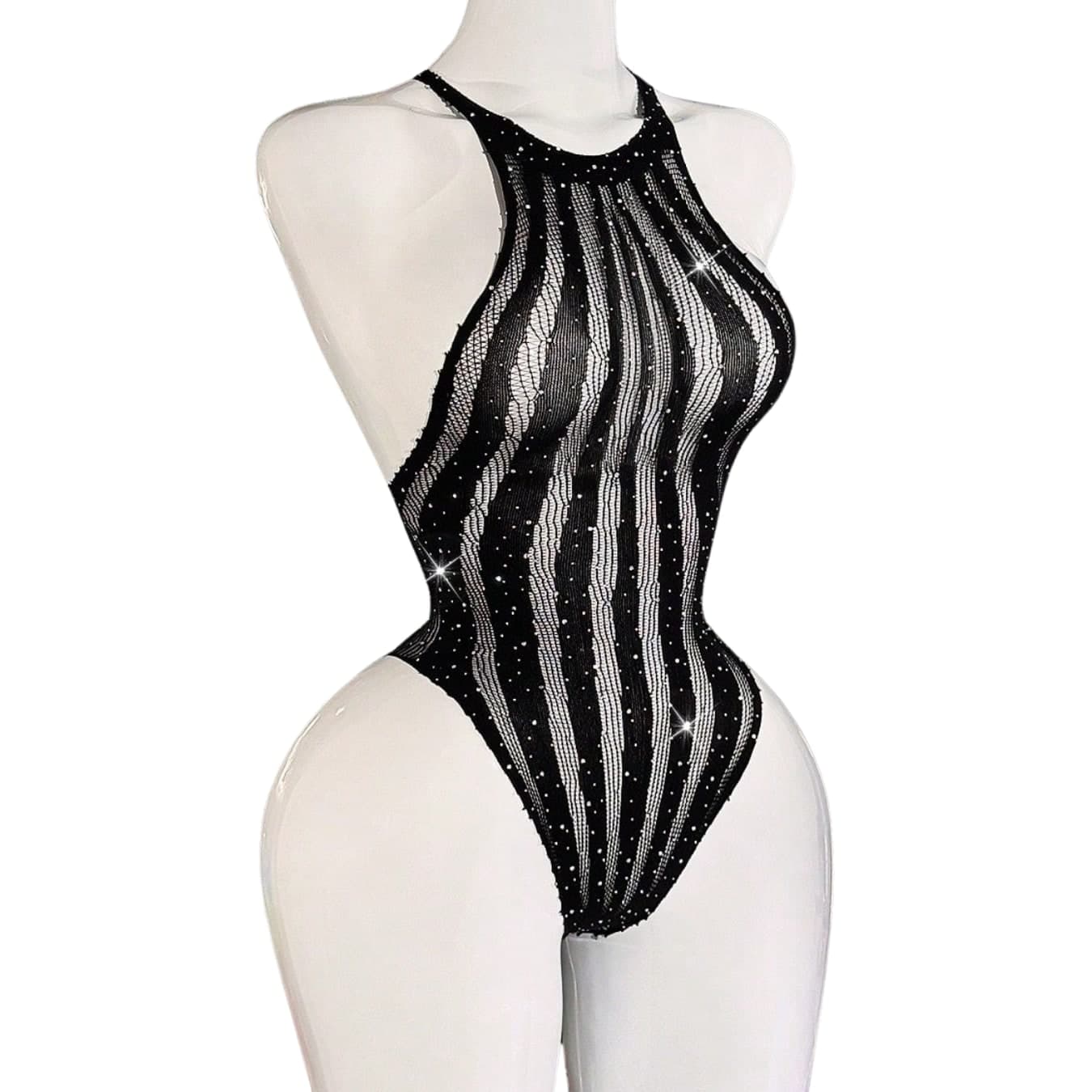 Body Sexy Donna Nero Trasparente con Strass Halter Schiena Scoperta Taglia Unica - 8
