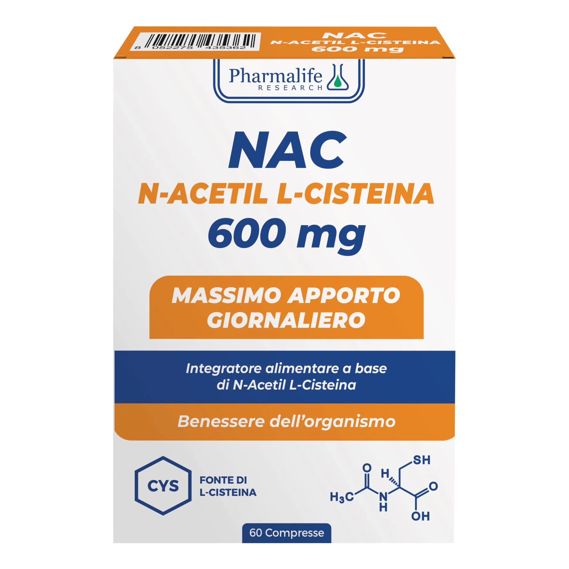NAC 600 mg Compresse Massimo apporto giornaliero. Fonte di L-Cisteina