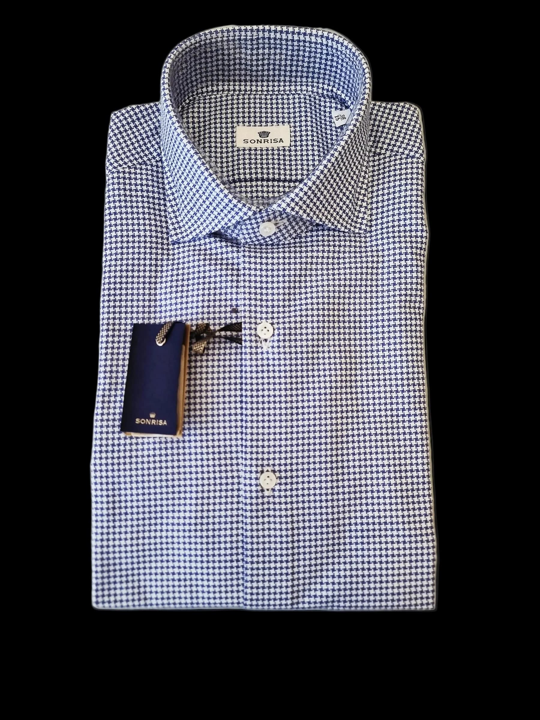 Camicia uomo Sonrisa pied de poule bianca e blu in cotone - 4
